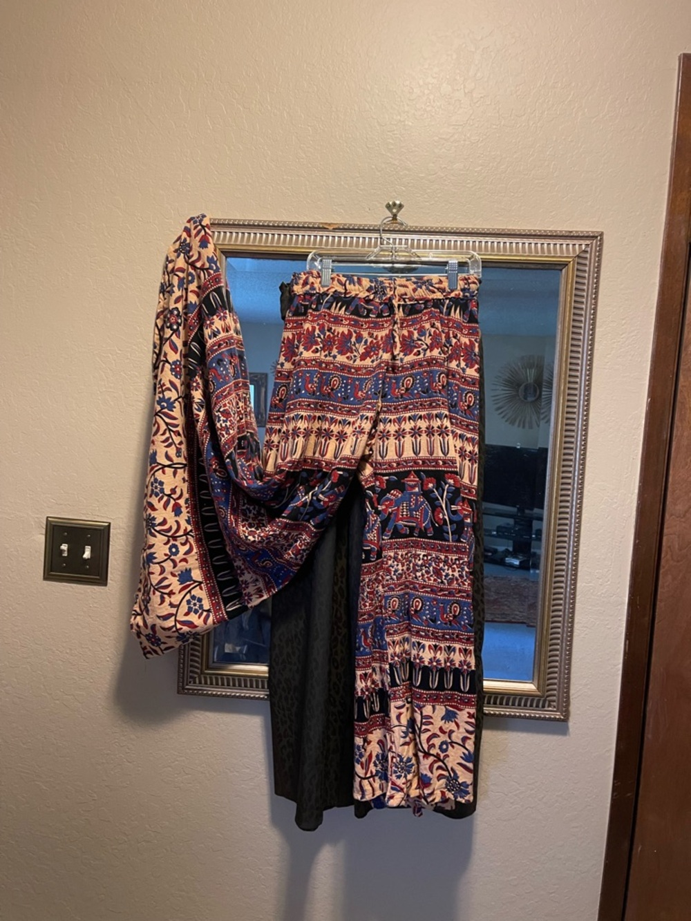 2 pair Boho Printed Wide-Leg Pants Navy, Red, Cream and